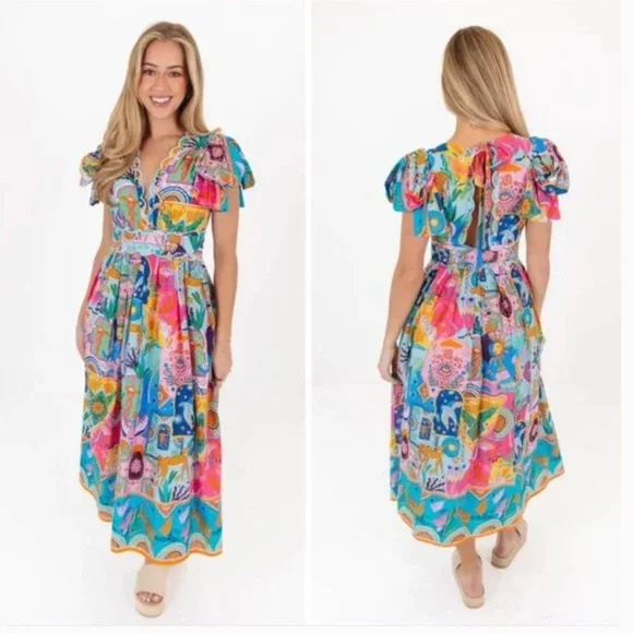 J. Marie The Sloane bow sleeve midi zodiac print sz XS nwt - Picture 2 of 7